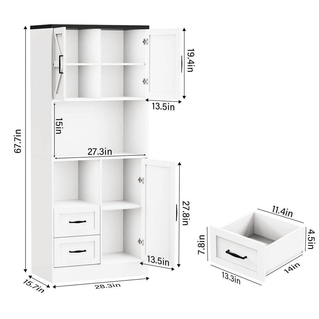 Farmhouse Kitchen Pantry Cabinet with LED Lights and Power Strip, Tall Kitchen Storage Cabinet, Kitchen Hutch with