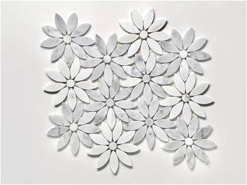 Daisy Flower 10"x12" Carrara with Marble Thassos Polished Mosaic Tile Backsplash Bathroom Wall Flooring Shower (5