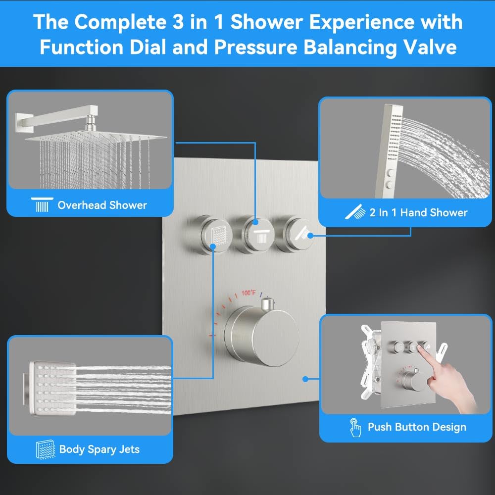 Thermostatic Shower System with Body Jets, 12" Rain Showerhead with 2 Modes Handheld Spray, Can Use All at Once