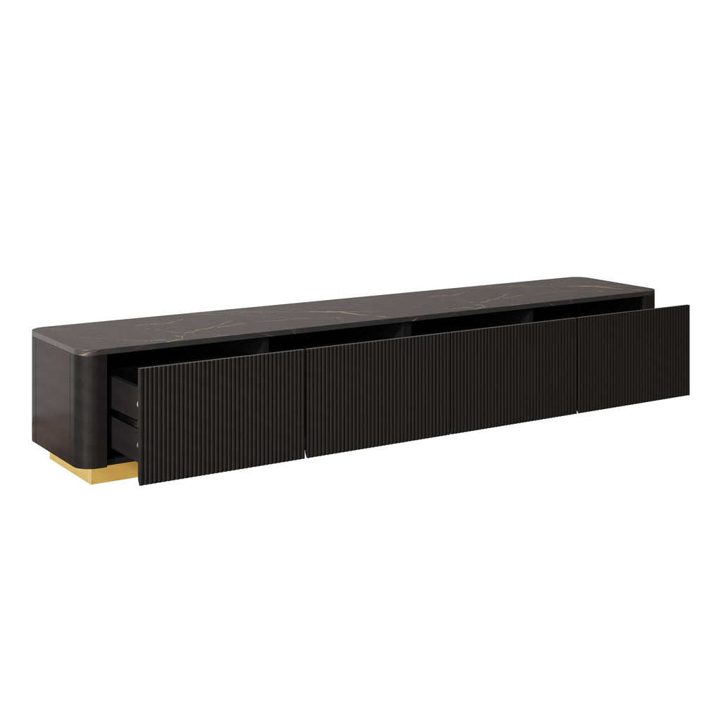 Modern Fluted TV Stand for TVs up to 85", Faux Marble Top, Black