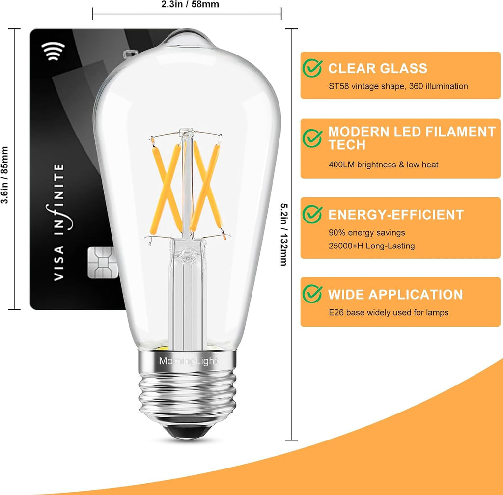 6 Pack Dimmable Vintage LED Edison Bulbs 40Watt, E26 LED Edison Light Bulbs 40 Watt Warm White 2700K, 4W ST58 Antique
