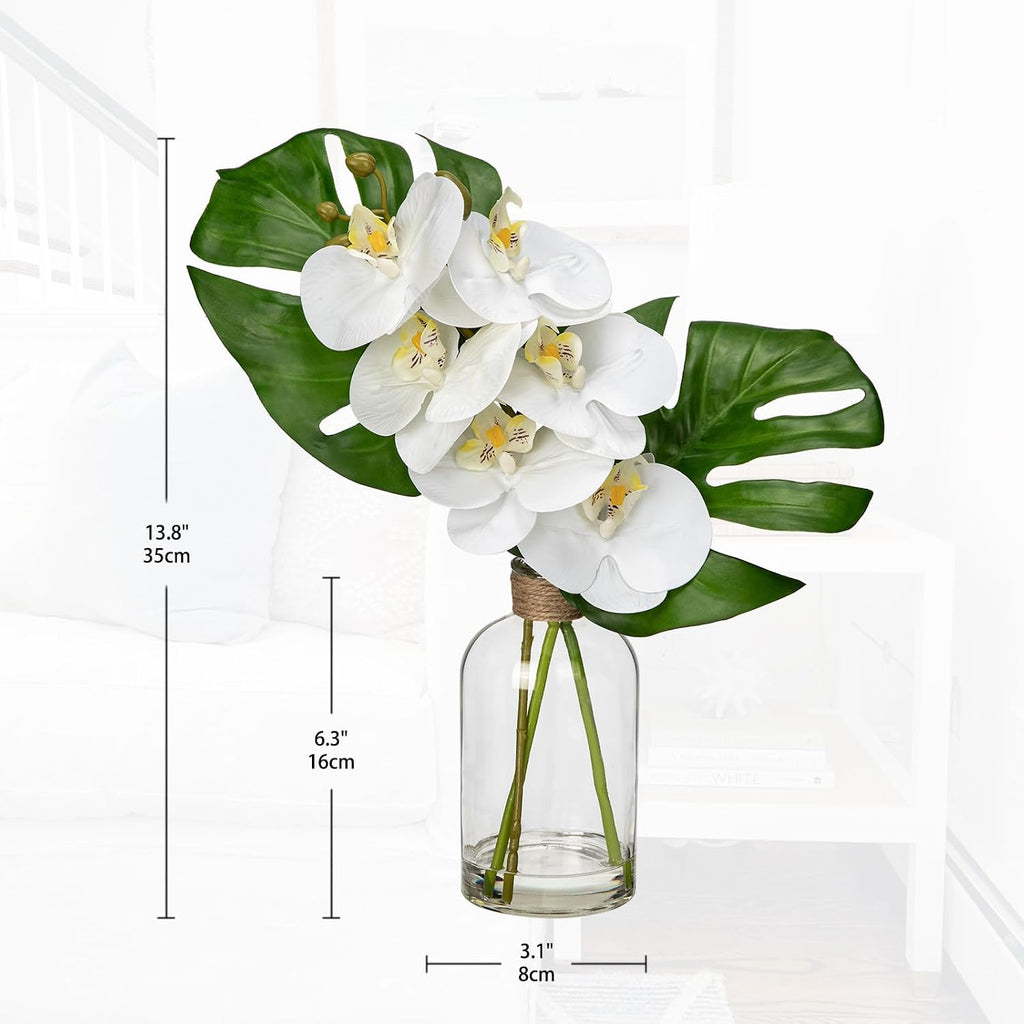 Artificial Monstera Plant and Fake Orchid in Glass Vase, 13.8" Real Touch Fake Plant Tropical Leaves Orchids