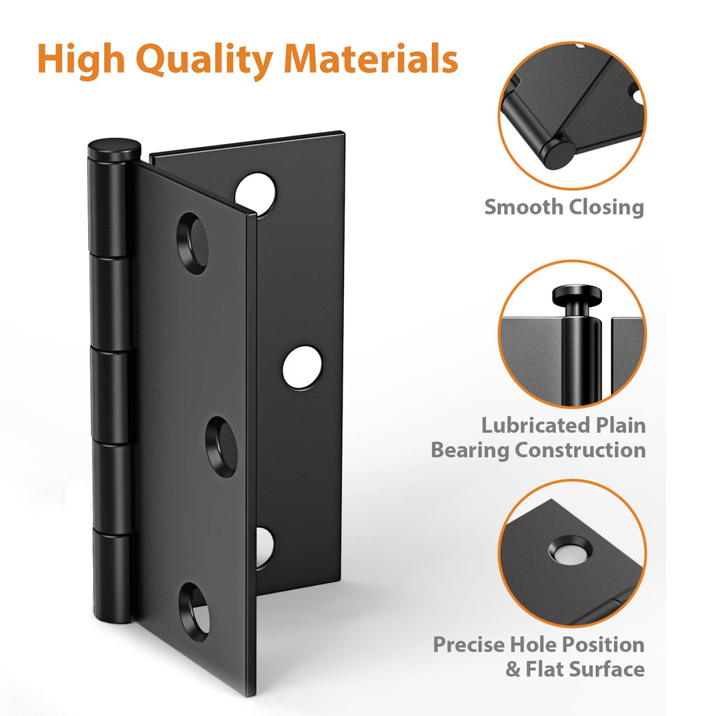 3 Pack 3.5 Inch Matte Black Door Hinges, Interior Hinges with Square Corners, 3 1/2" Black Hardware for Standard