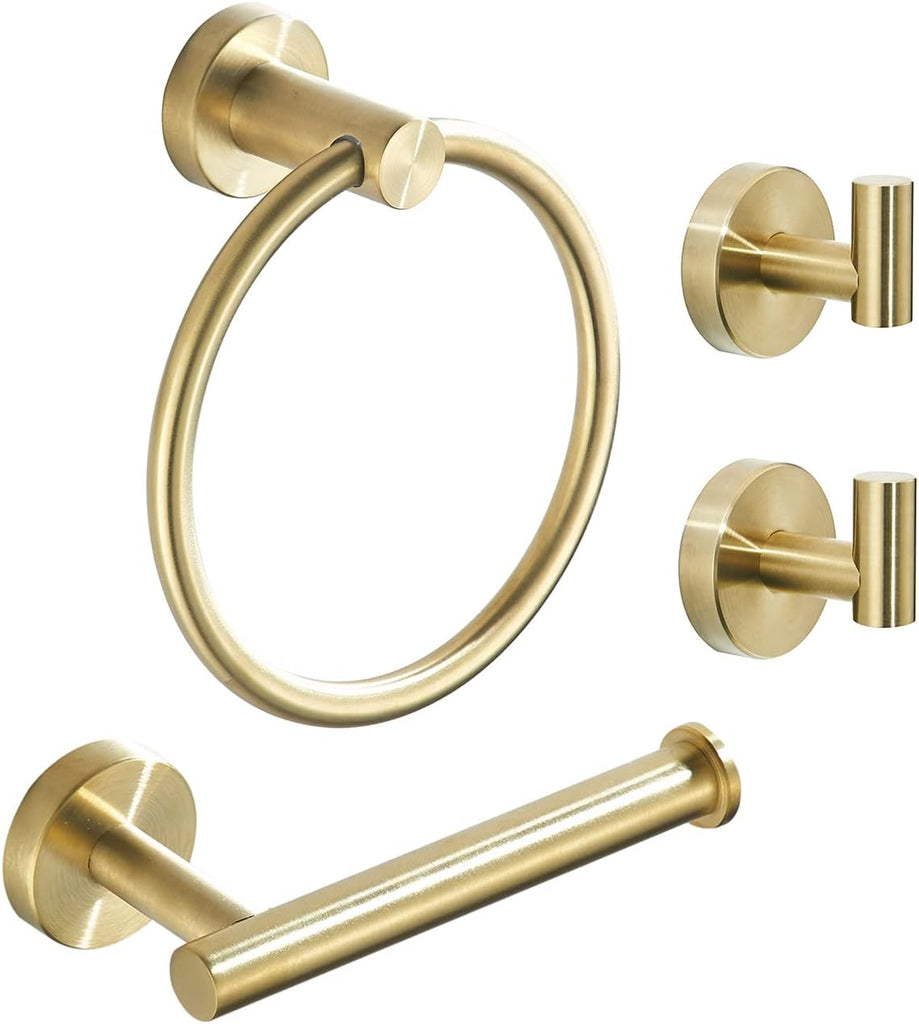 Gold Bathroom Hardware Set, Brushed Gold Toilet Paper Holder Towel Ring and 2 Robe Hook Bathroom Accessories Hand