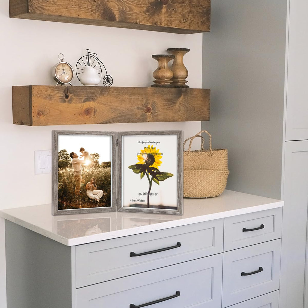 8x10 Picture Frame Double Frame Shadow Box with Glass Front Wood Grey
