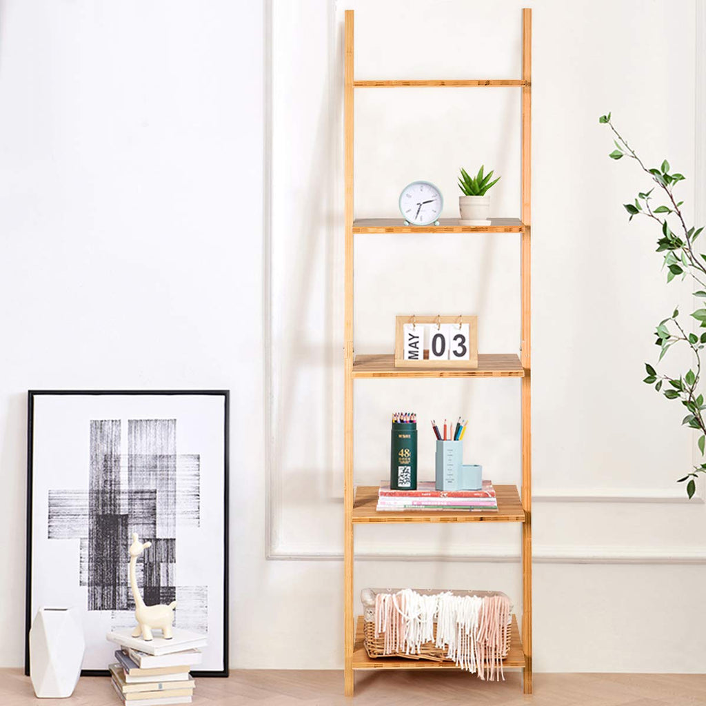 5-Tier Ladder Shelf Bookshelf, 65"H Bamboo Wall-Leaning Bookcase