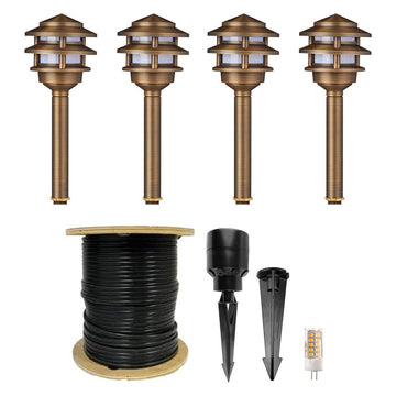 12V 3-Tier Brass Pagoda LED Path Light 4-Pack Expansion Kit (Bronze)