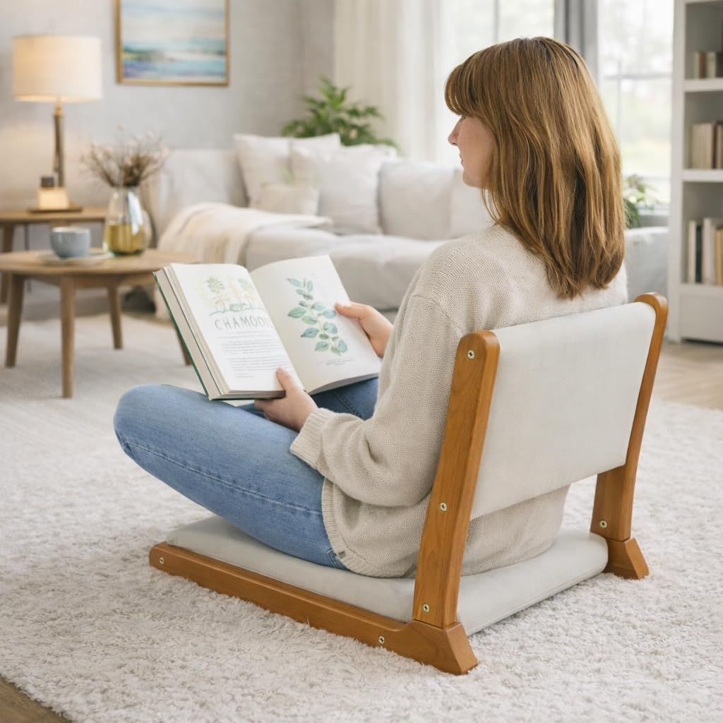 Floor Chair with Back Support, Foldable Japanese Style Floor Chair, Wood Legless Tatami Chair with Cushion, Accent