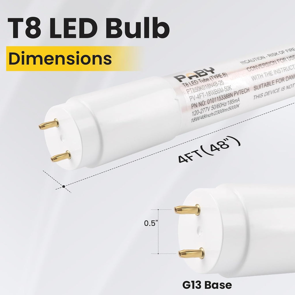 25 Pack T8 LED 4FT Type B Tube Light, 18W (40W Equivalent), 2300 Lumens, 5000K Daylight, Ballast Bypass, Single &