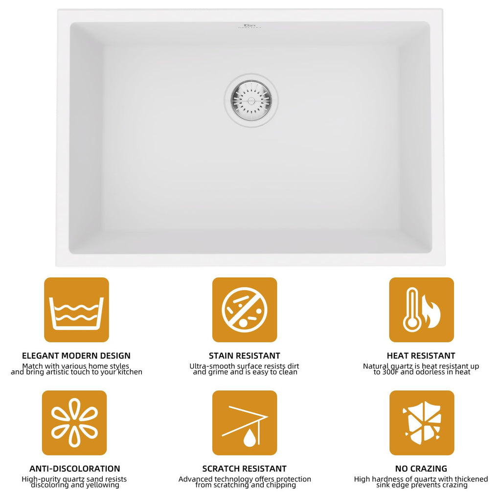 Quartz Kitchen Sink, 27 Inch White Undermount Kitchen Sinks, Deep Single Bowl Granite Composite Sink, Modern Sinks