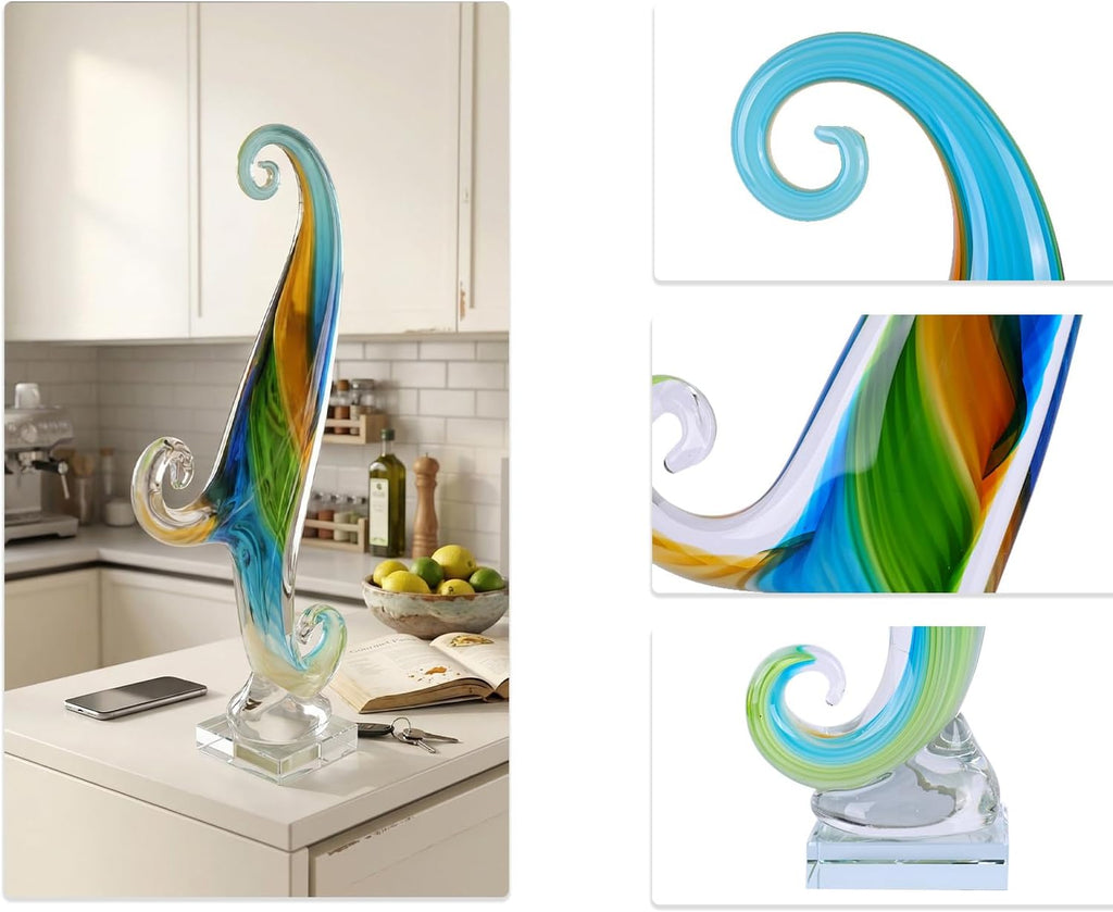16.9in Tall Glass Wave Sculpture Hand Blown Art Figurine Abstract Twist Statue Decor Living Room Shelf Mantel