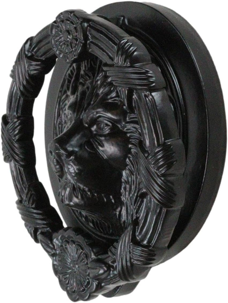 Hand Forged Cast Iron Black Royal Venetian Lion Head Decorative Door Knocker with Striking Plate Figurine Animal