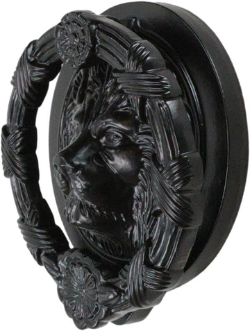 Hand Forged Cast Iron Black Royal Venetian Lion Head Decorative Door Knocker with Striking Plate Figurine Animal