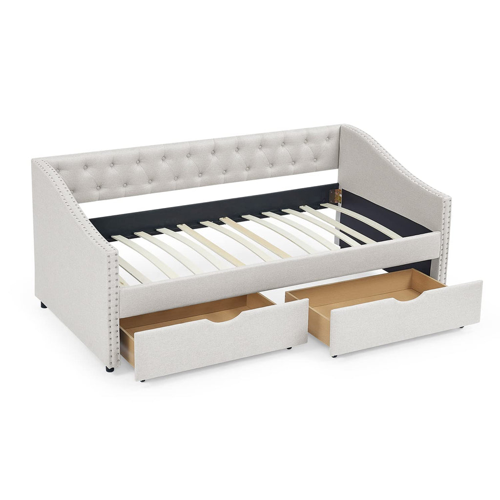 Upholstered Daybed with Drawers, Modern Fabric Twin Size Button Tufted Daybed Frame Sofa Bed, No Box Spring Needed