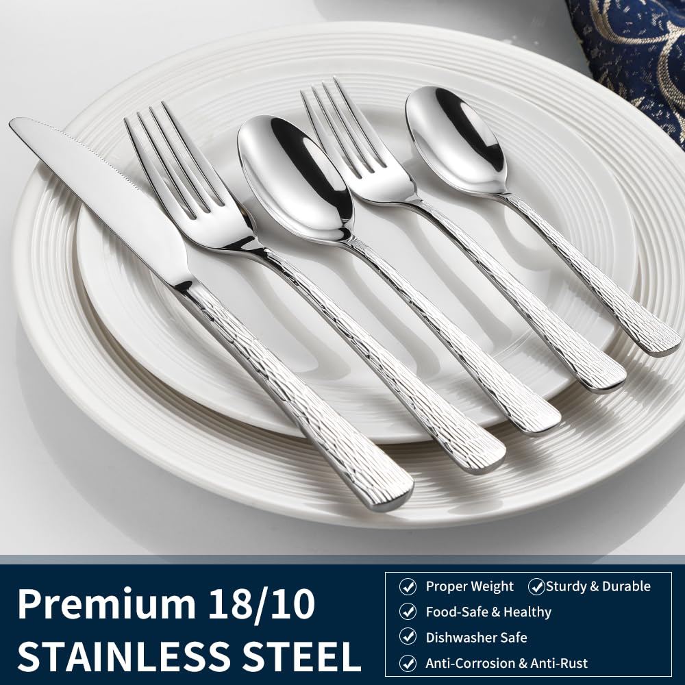 Black Hammered Silverware Set, Heavy Duty Flatware Set, 18/10 Stainless Steel Premium Cutlery with Unique Ripple