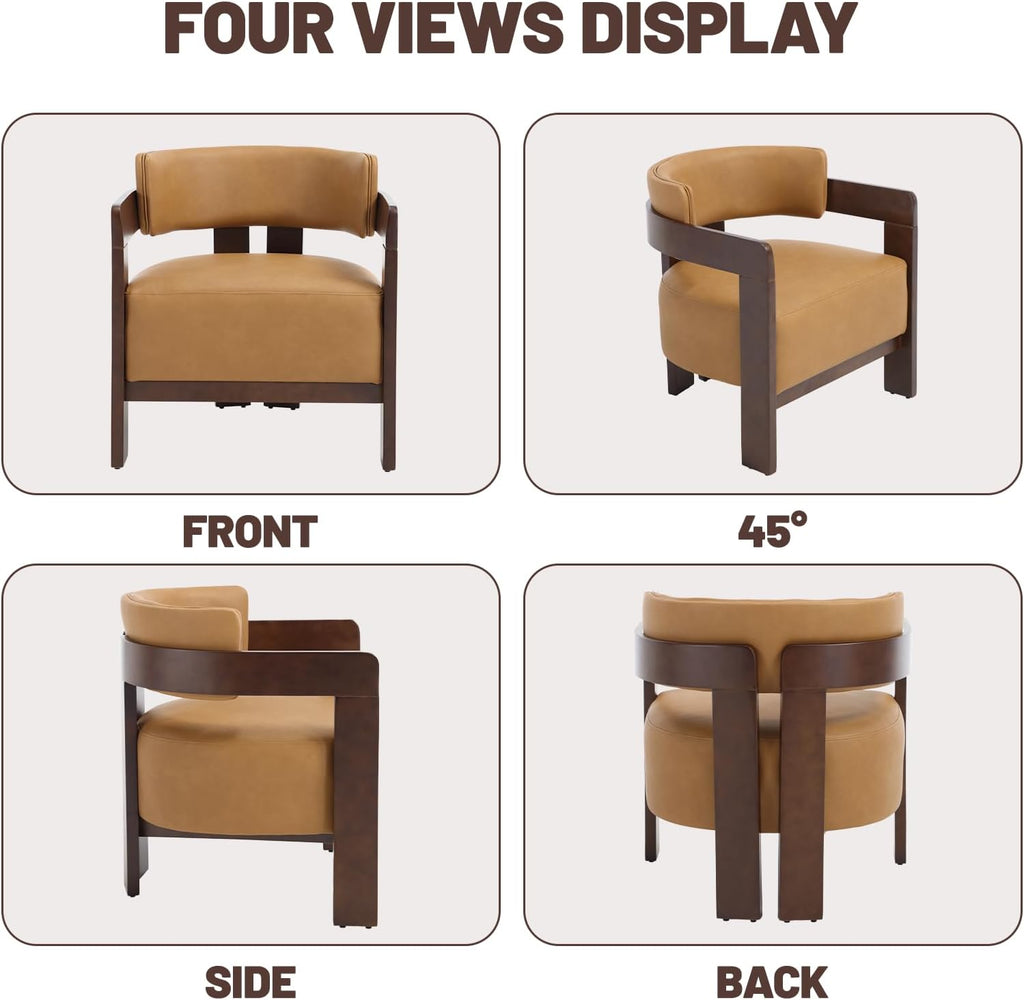Modern Accent Chair, Upholstered Barrel Side Chairs PU Leather Guest Chair with Wooden Frame Bedroom, 1PC, Brown