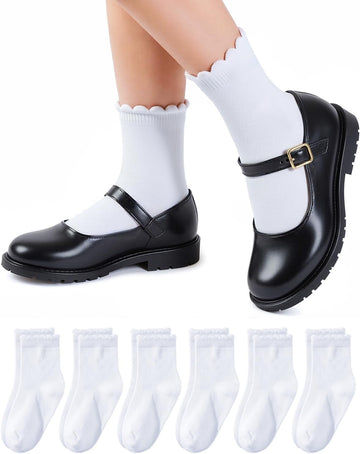 6 Pairs Cotton Girls Socks Ruffle Kids Crew Ankle School Uniform