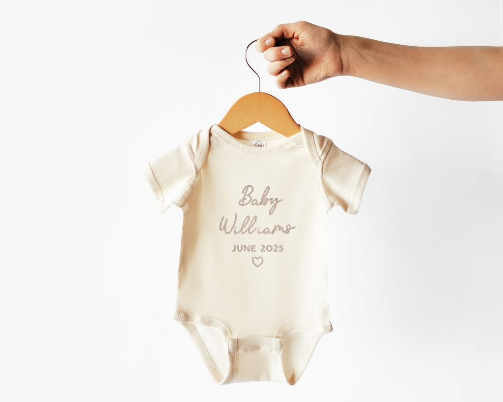 PHYSIQUE Custom Embroidered Pregnancy Announcement Bodysuit, Newborn Gift, Coming Soon Baby Clothing with Name & Date