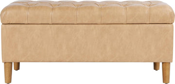 40" Button Tufted Storage Bench with Cone Wood Legs - Sand Faux Leather