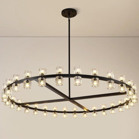 Modern Large 60inch Black Round Chandelier, 60-Light Crystal Chandelier for Living Room,Indoor Large Space Chandelier Fixtures,Farmhouse Wagon Wheel Chandelier,Including Lightbulbs A117-B0DWK3KMWB