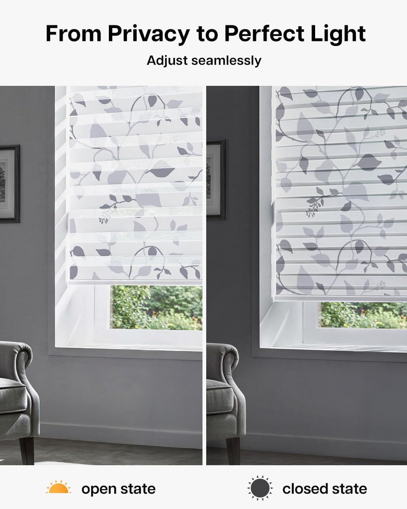 Cordless Zebra Blinds for Windows, Foggy Laurel, 27" W x 72" H | Patterned Dual Layer Free-Stop Roller Shades for