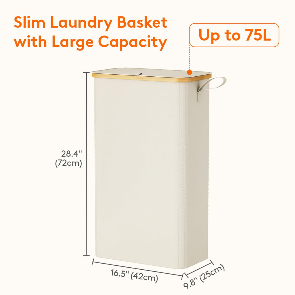 75L Slim Laundry Hamper with Lid and Removable Bag, White
