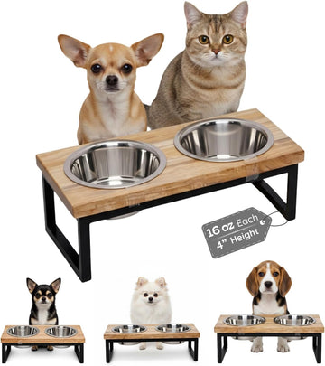 Elevated Dog Bowls, 4" Small Dogs & Cats Raised Bowl Mango Wood Stand, Food & Water 2 Stainless Steel Dishes Each