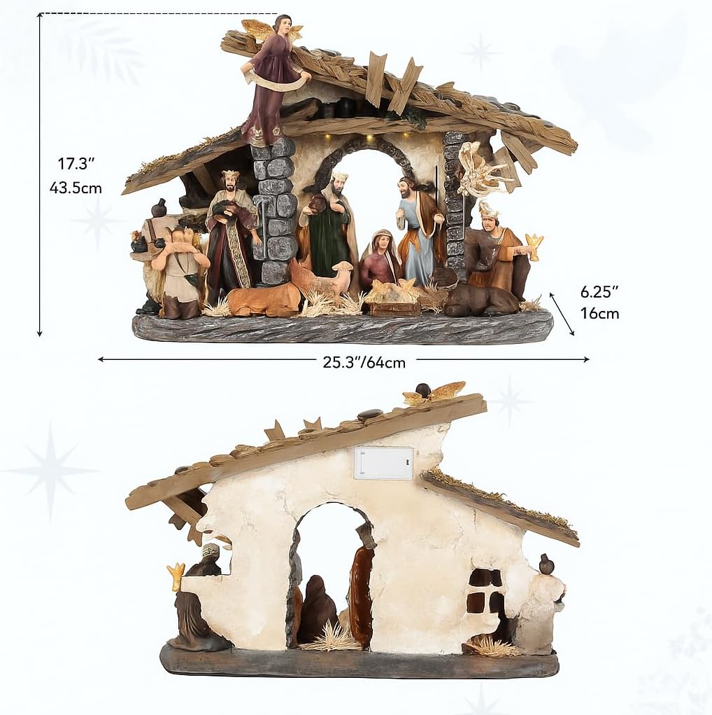 Extra-Large Nativity Set Indoor, 25" 11-Piece Light-Up Hand-Painted Collectible Figurines, Separate Sculpted Statues