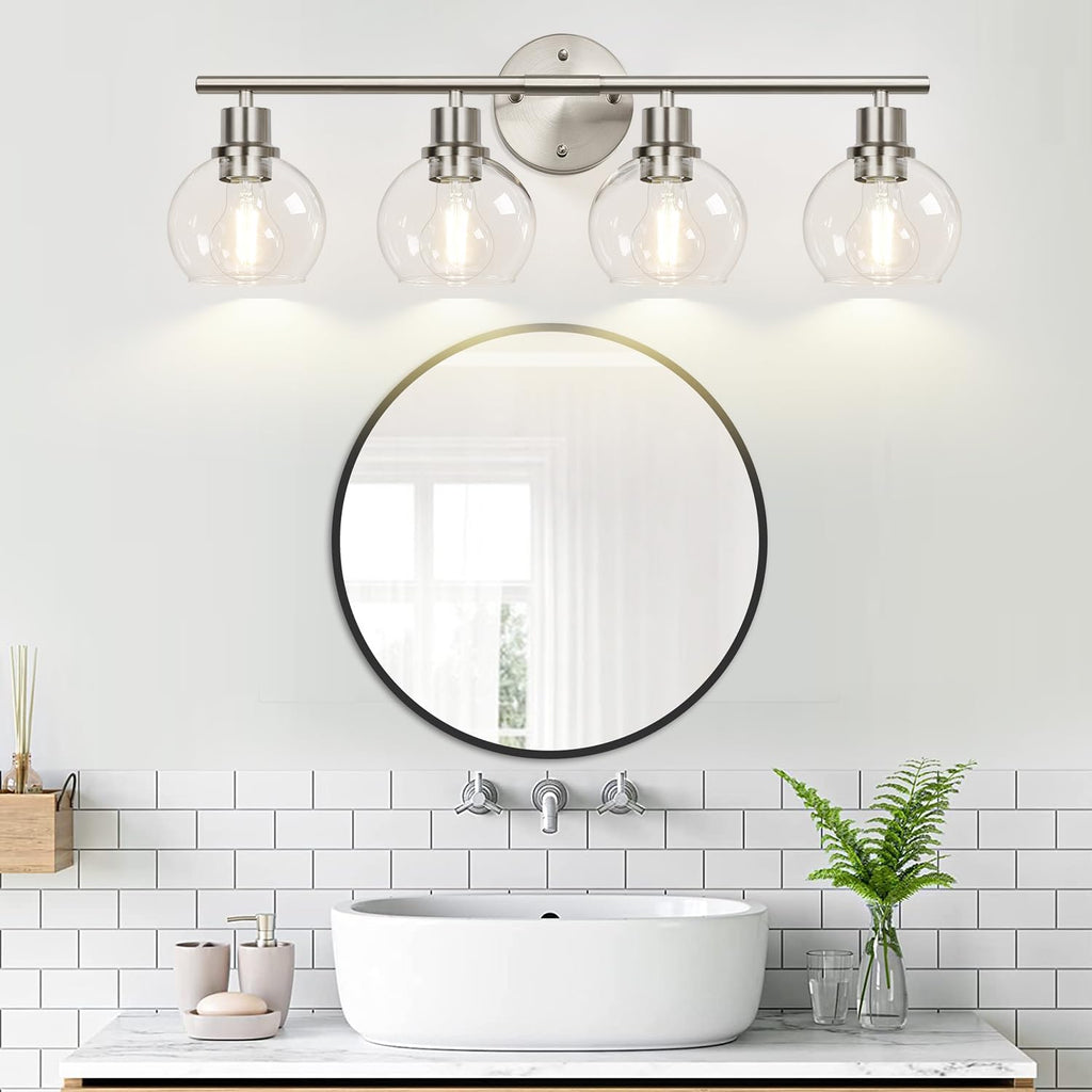 4-Light Bathroom Light Fixtures, Brushed Nickel Modern Vanity Lights Over Mirror with Clear Glass Globe Shade