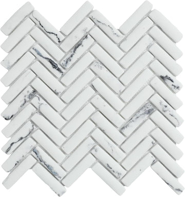 Carrara White Marble Look 3D Herringbone Recycled Glass Matte Mosaic Tile Shower Kitchen Backsplash, Floor 5 Sheet