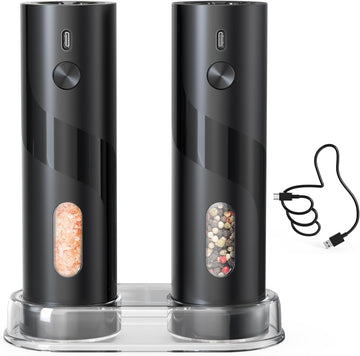 Rechargeable Electric Salt and Pepper Grinder Set with Base, Automatic Pepper Mill Grinders with 110ml Container