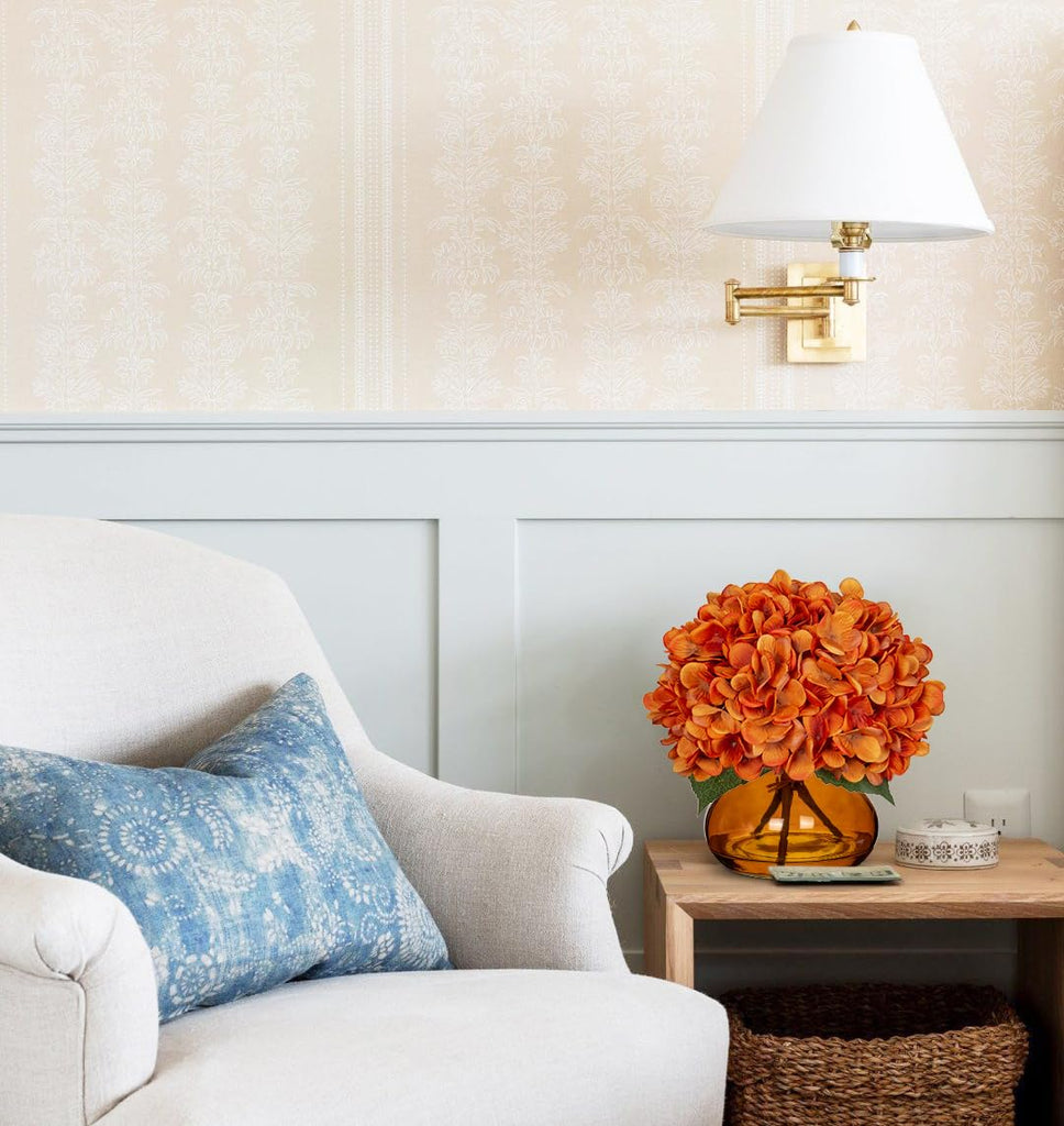Orange Fall Hydrangeas with Vase Indoor Faux Fall Artificial Decor Silk Fake Arrangements in Glass Vase Autumn