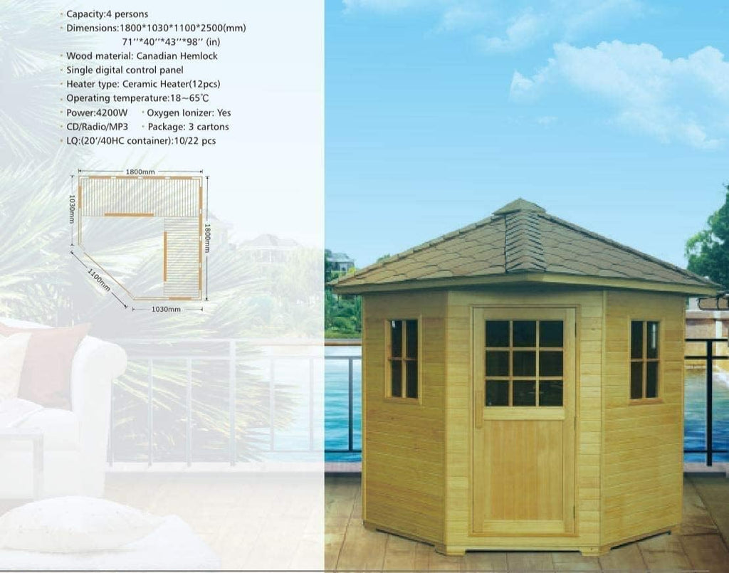 4 Person Outdoor Hemlock Wood FIR Far Infrared Luxury Sauna SPA with Shingled Roof, MP3, and LED Lights