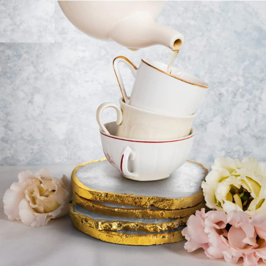 White Agate Stone Crystal Coasters with Gold Edge White Agate Coasters 3.5 to 4 inch Salted Agate Coaster - Set of 4