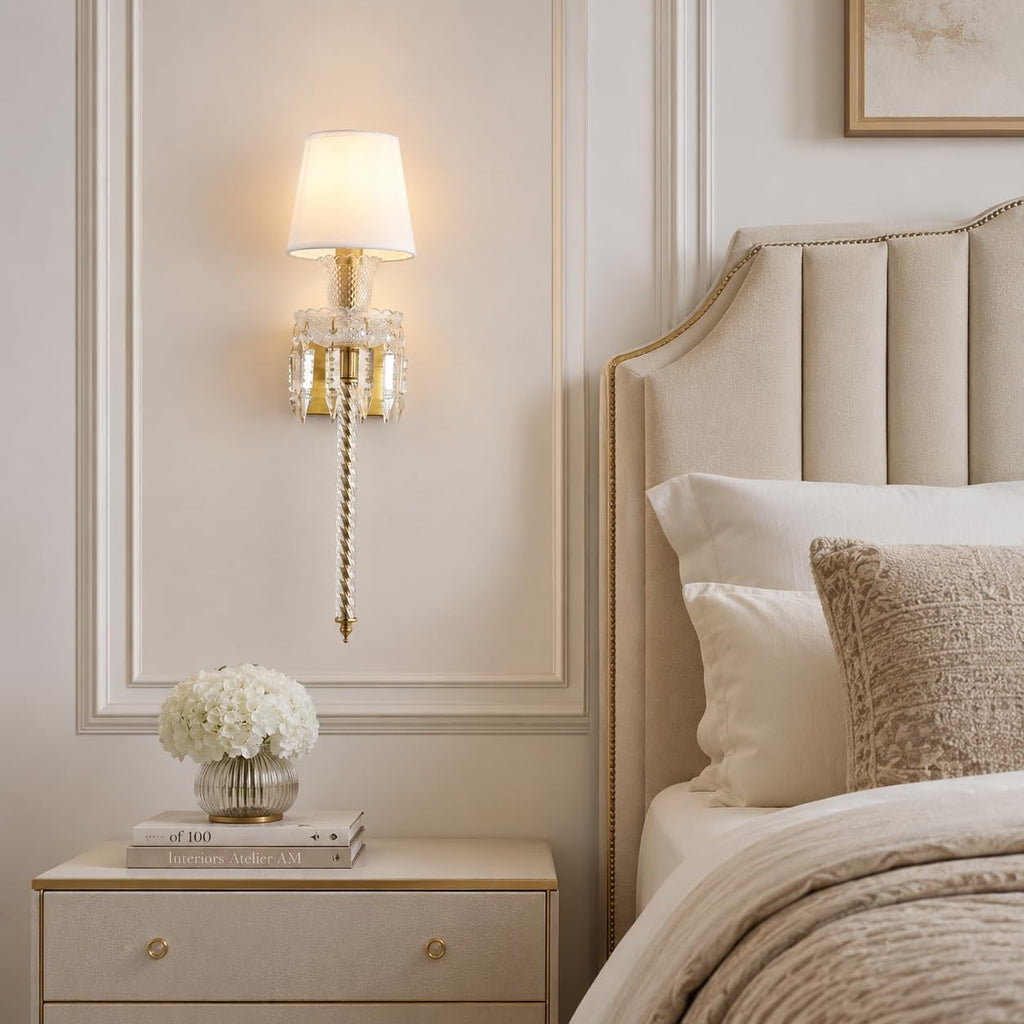 Modern Crystal Wall Sconce with Linen Shade Vintage Crystal Gold Wall Light Modern Glass Golden Wall Lamp for