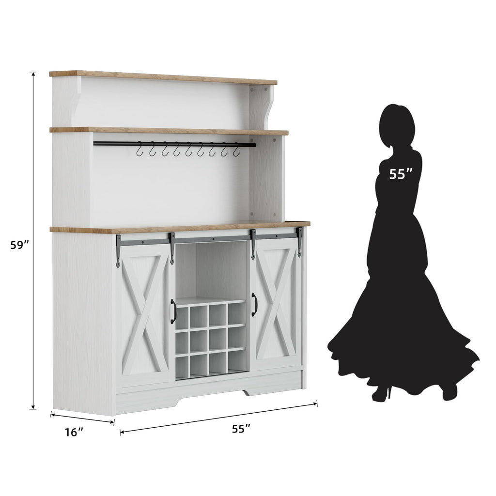 55'' Farmhouse Coffee Bar Cabinet with 3 Tier Storage Hutch, Coffee Bar Station with Sliding Barn Door, Hutch Storage