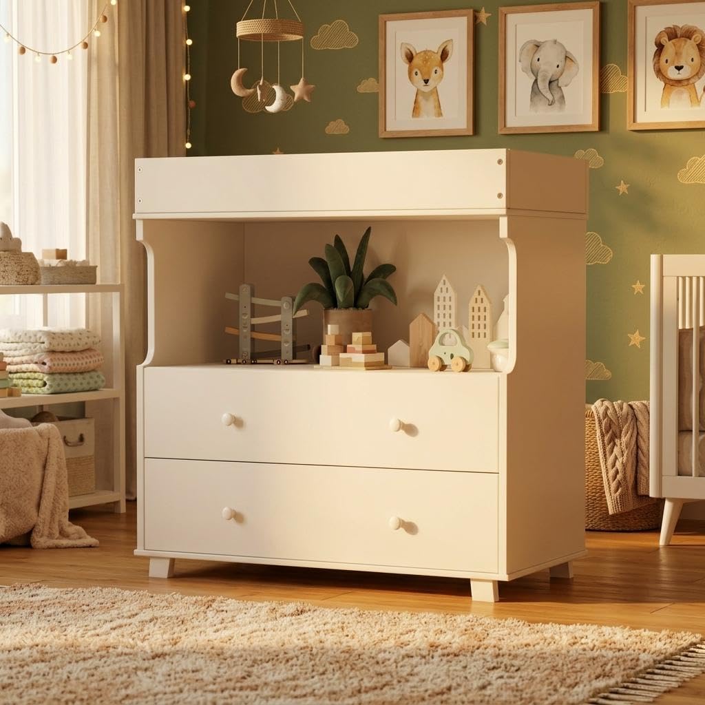 Baby Changing Table with Drawer and Storage Shelves | Heavy Duty Diaper Station , White Wooden Changing Table with
