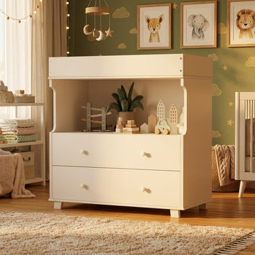 Baby Changing Table with Drawer and Storage Shelves | Heavy Duty Diaper Station , White Wooden Changing Table with