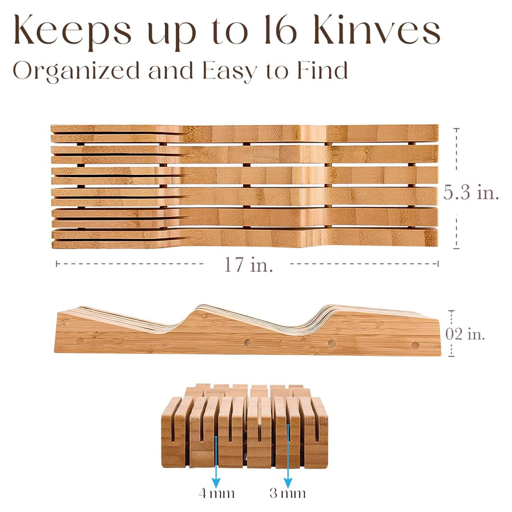 100% Pure Bamboo Knife Drawer Organizer, Knife Block - 16 Slots