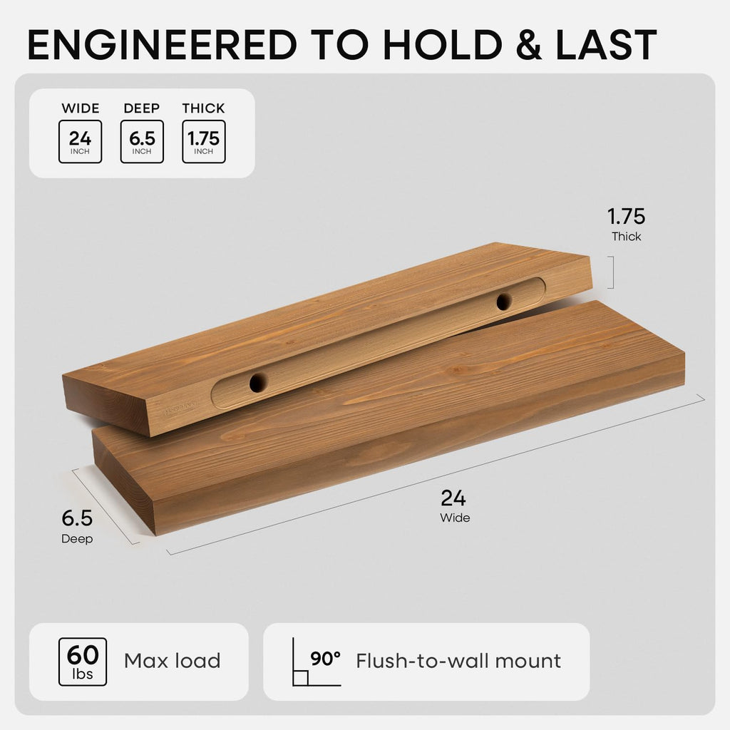 24 Inch Floating Shelves, High-End Solid Pine Wood, Set of 2