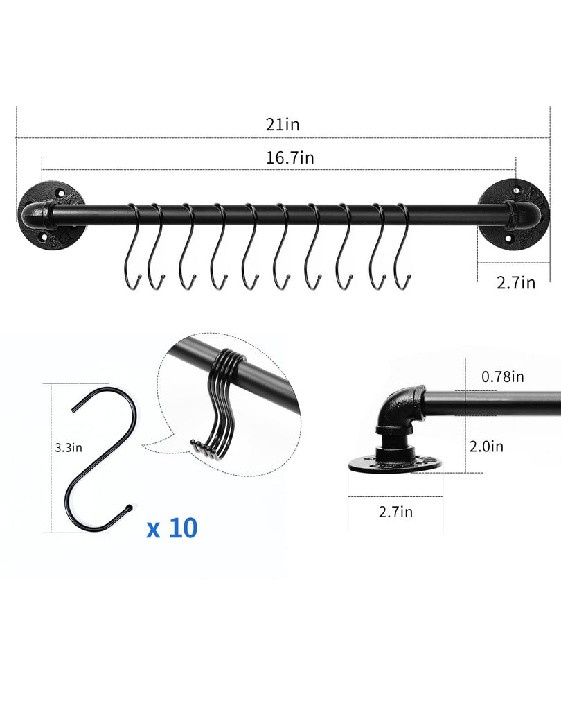 Industrial Pipe Pot Pan Rack 21" (2 Pack), Wall mount Pot hangers Pan Hanging Rail Lid Hanger with 10 S Hooks
