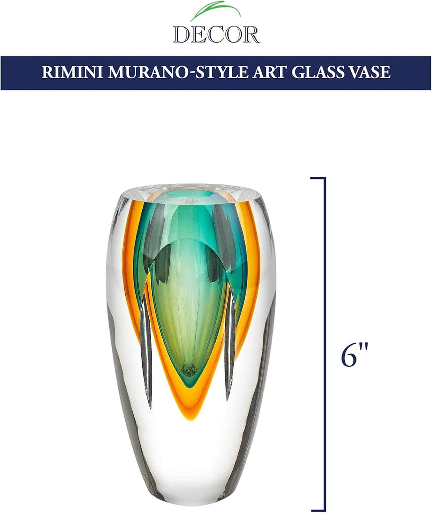 Rimini Murano-Style Art Glass Flower Vase Centerpiece, 6 Inch