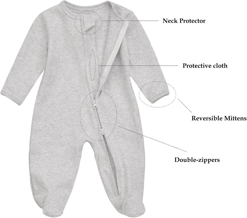 Footie Pajama with Mitten Cuffs, Double Zipper Infant Cotton clothes Sleeper Pjs, Footed Sleep Play