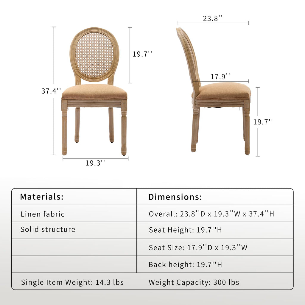 Vintage French Country Dining Chairs Set of 4, Farmhouse Rattan Dining Room Chairs with Round Back, Linen Upholstered
