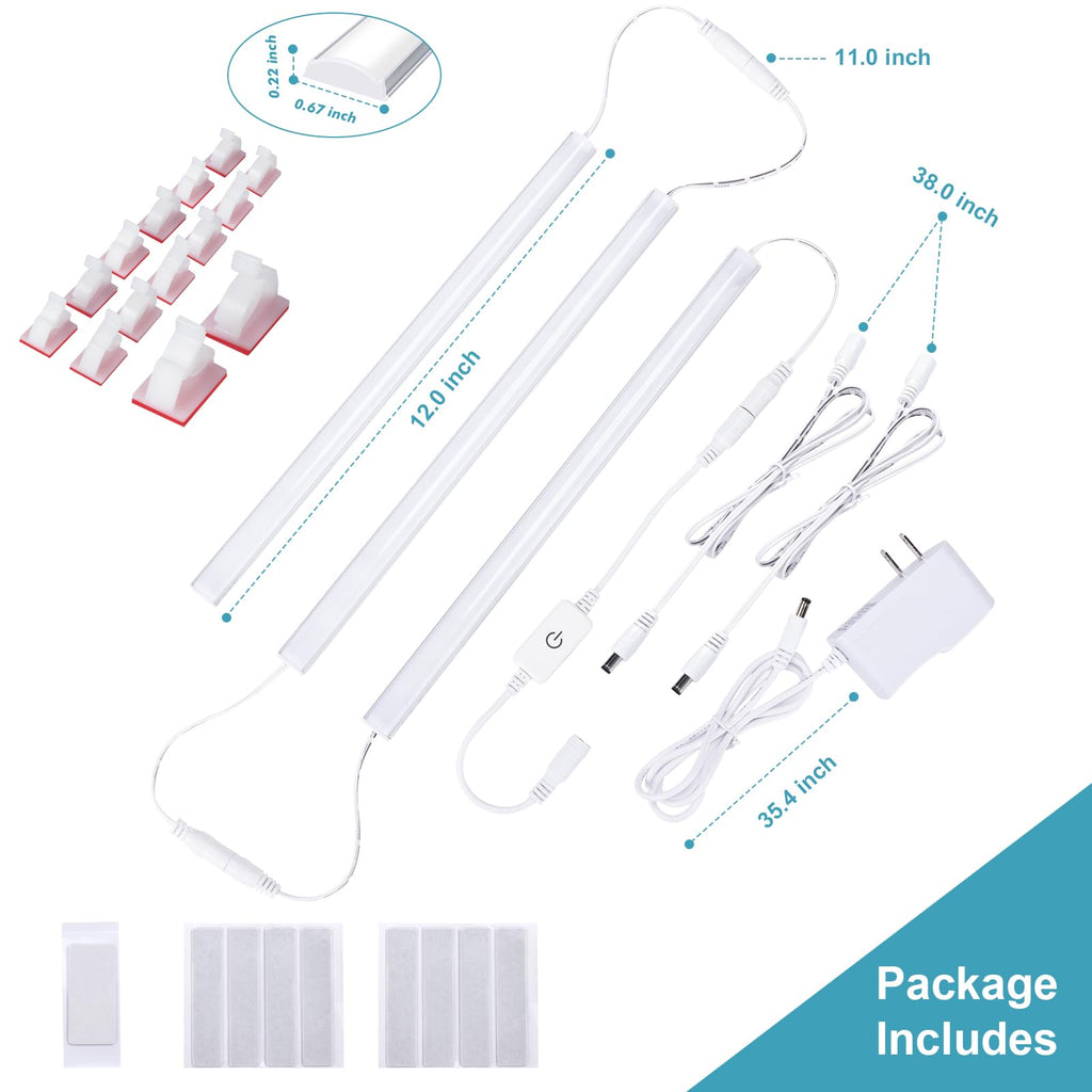 Under Counter Lights, 3 Packs x 12 Inch Dimmable LED Under Cabinet Lighting, Cold White 6000K, Plug-in Under Cabinet
