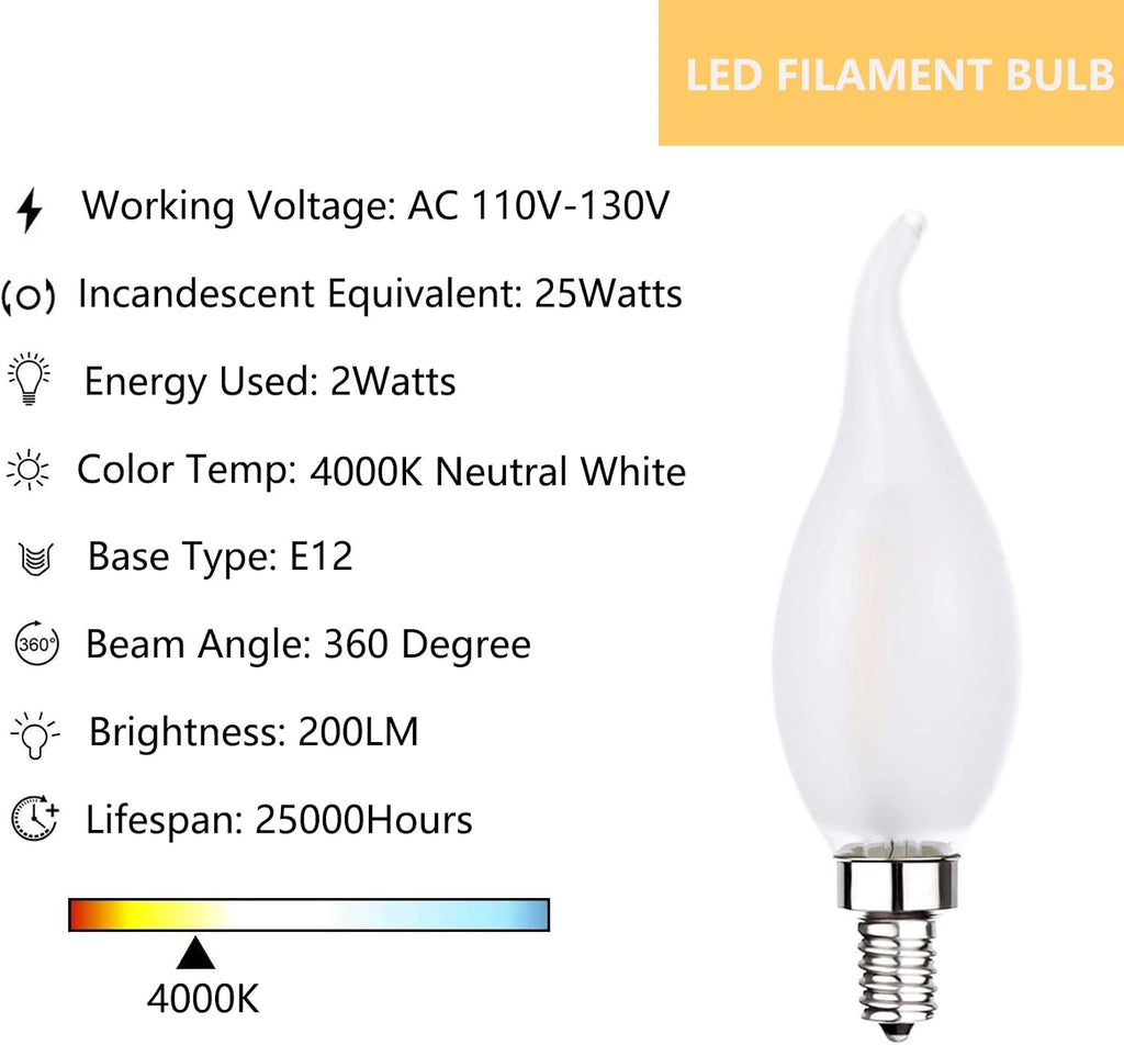 Frosted Candelabra Light Bulb E12 LED Bulb 25Watt Equivalent 4000K