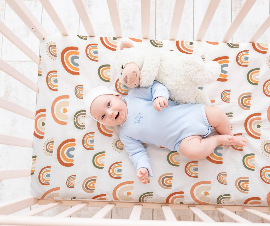 4 Pack N Play Sheets - Mini Crib Sheets Boho Nursery Sheets, Sunshine & Rainbow Design - Neutral Unisex Fitted Baby