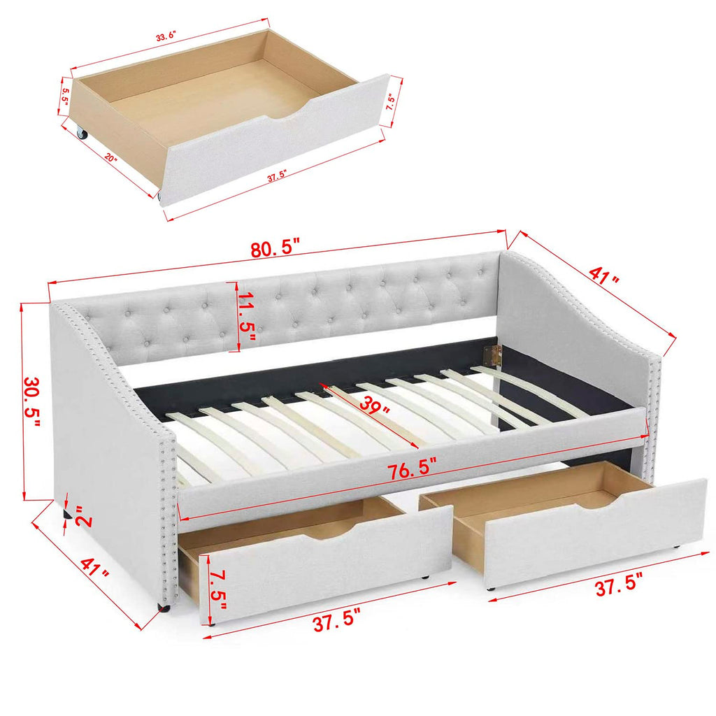 Upholstered Daybed with Drawers, Modern Fabric Twin Size Button Tufted Daybed Frame Sofa Bed, No Box Spring Needed