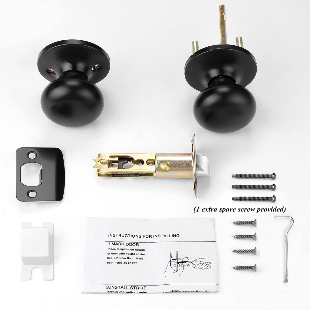 Door Knobs Interior, Passage Flat Ball Handle Closet Door knob French Doors, Black 1 Pack Universible Levers, Solid