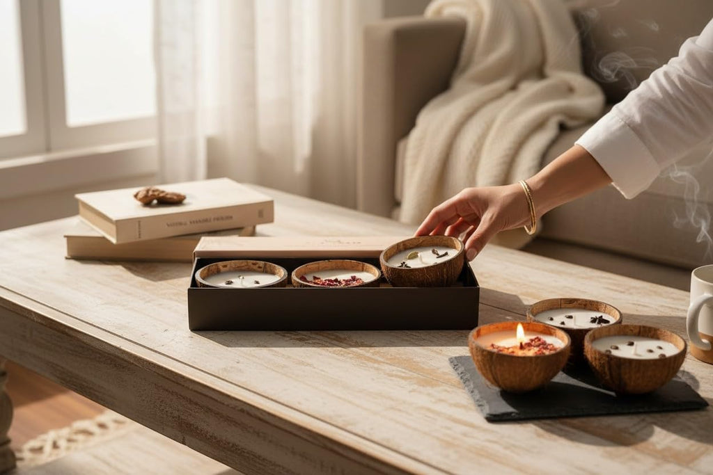 Coconut Shell Scented Candle Set, Roasted Coffee, Dark Rose, Apple Cinnamon, with Real Botanicals, Gift - Set of 3